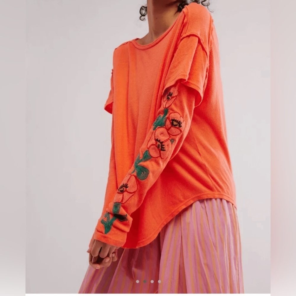 Free People Bright Orange Long Sleeve Tee with Floral Sleeve Embroidery
